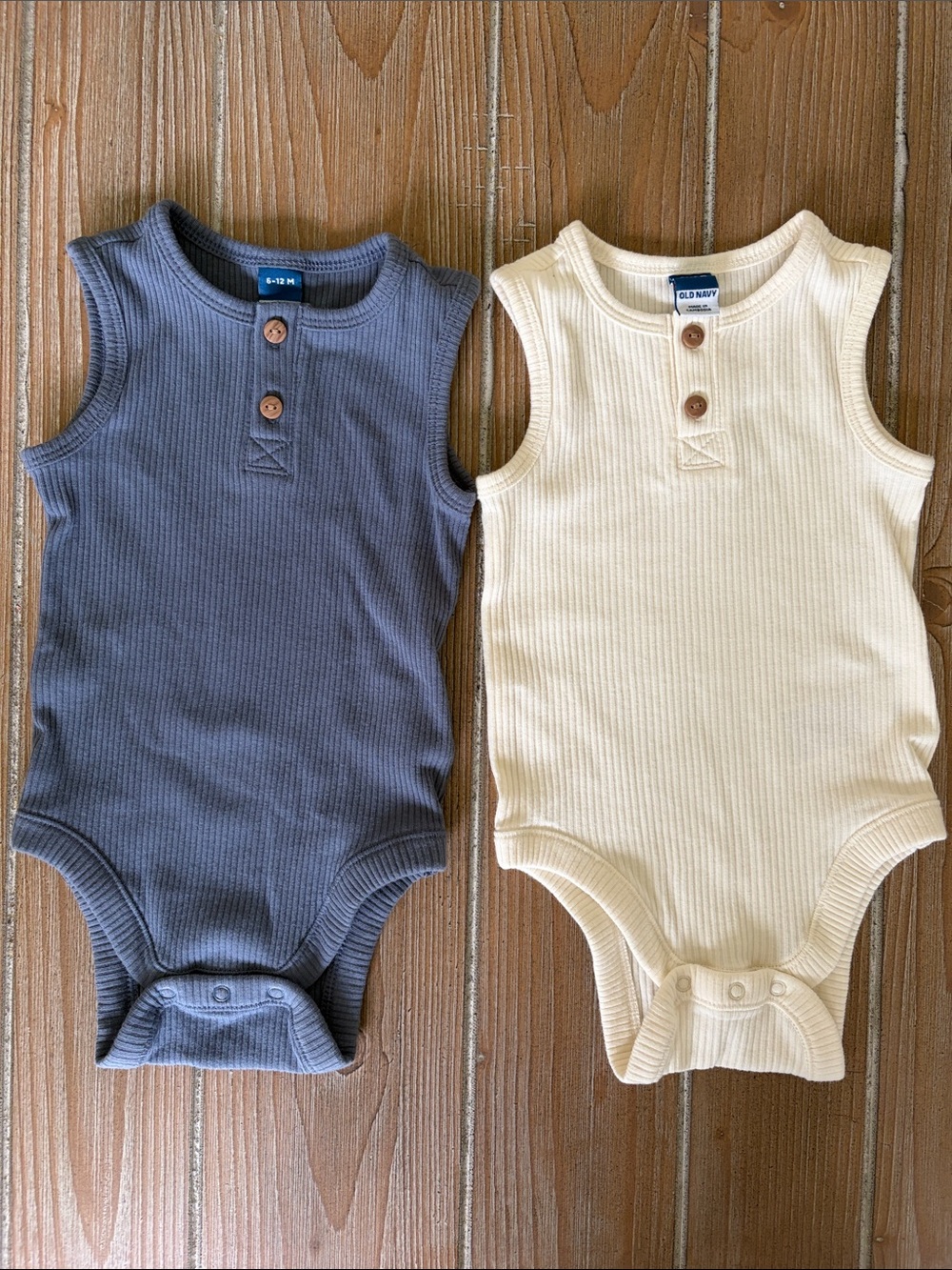 Old Navy Two Pack Ribbed Henley One-Piece Bodysuit Pack- Blue and Cream